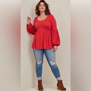 NWT Torrid Cotton Modal Slub Scoop Neck Eyelet Sleeve Inset Babydoll Top